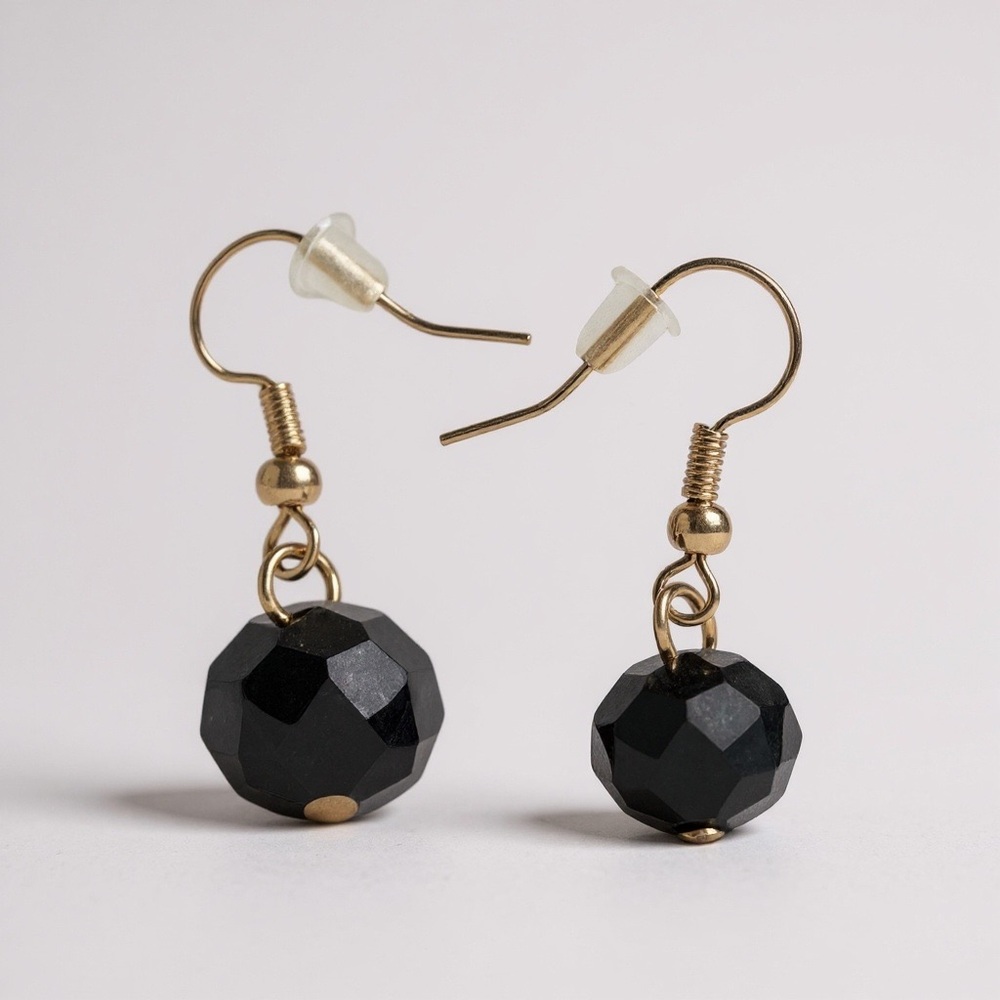 Black Bead Drop Earrings Faceted Round Lightweight Minimalist Jewelry